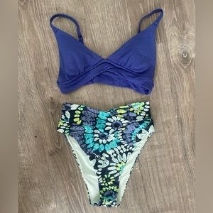 AERIE BLUE & FLORAl HIGH WAIST TRIANGLE BIKINI